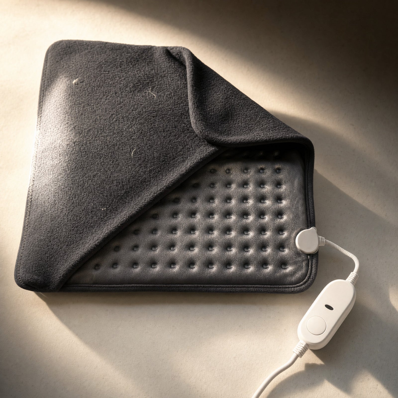 Charcoal Hazel heated cushion lying flat on a warm off-white surface, its removable fleece cover turned back to show the stamp-welded dimple quilting underneath and its white three-setting controller beside it