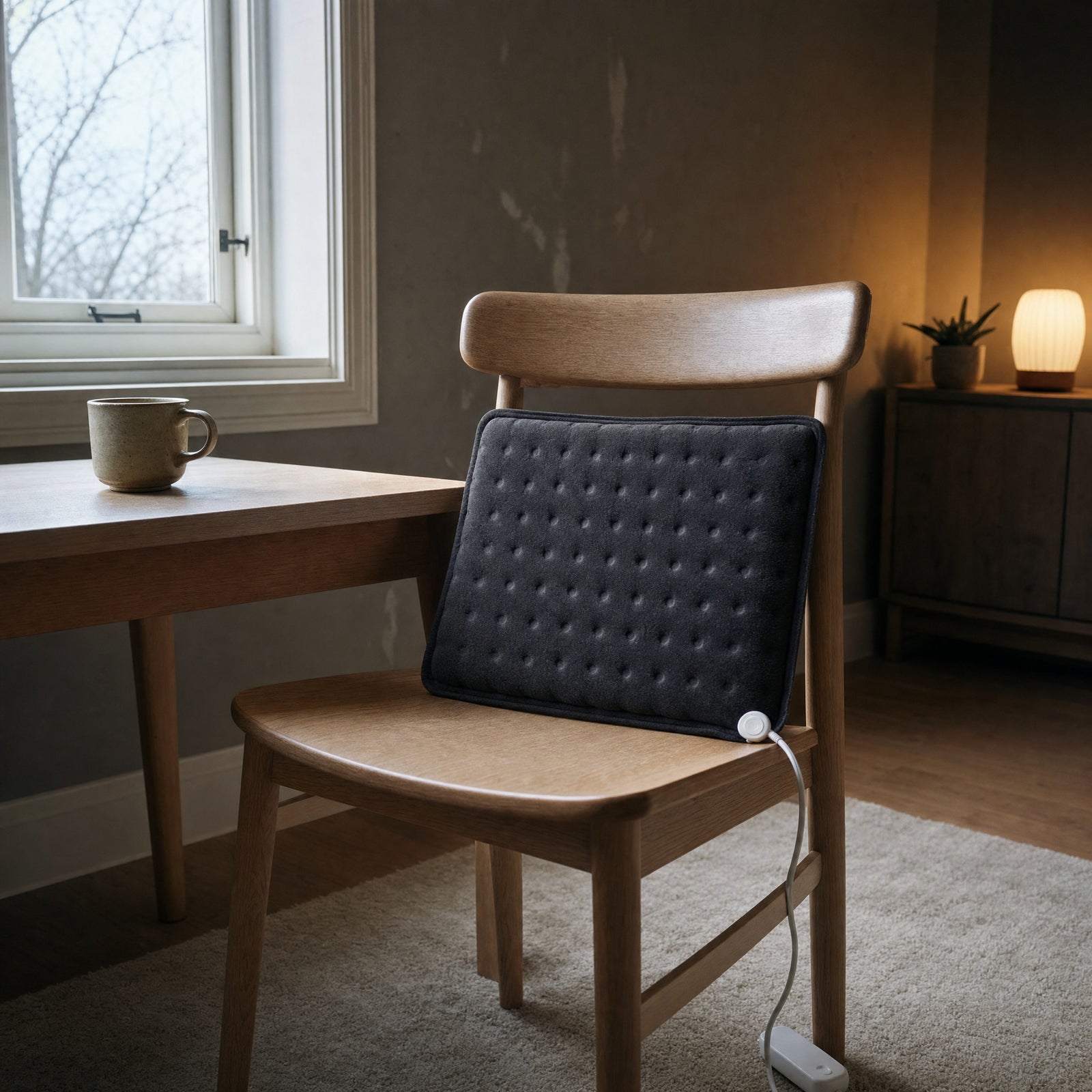 A charcoal heated cushion propped upright against the back of a wooden chair.