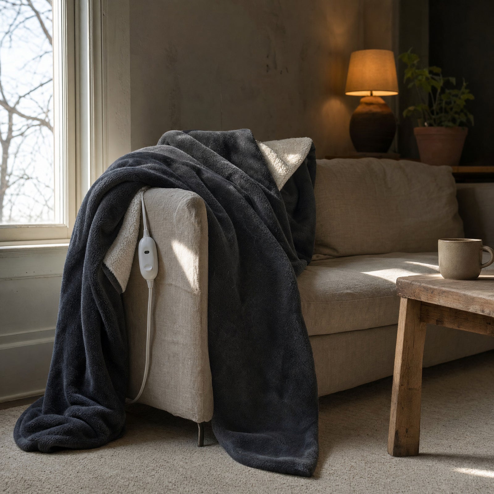 Charcoal Hazel heated throw left over the back and arm of a linen sofa in late afternoon light, one corner turned back showing the cream sherpa reverse, its white controller hanging at the side
