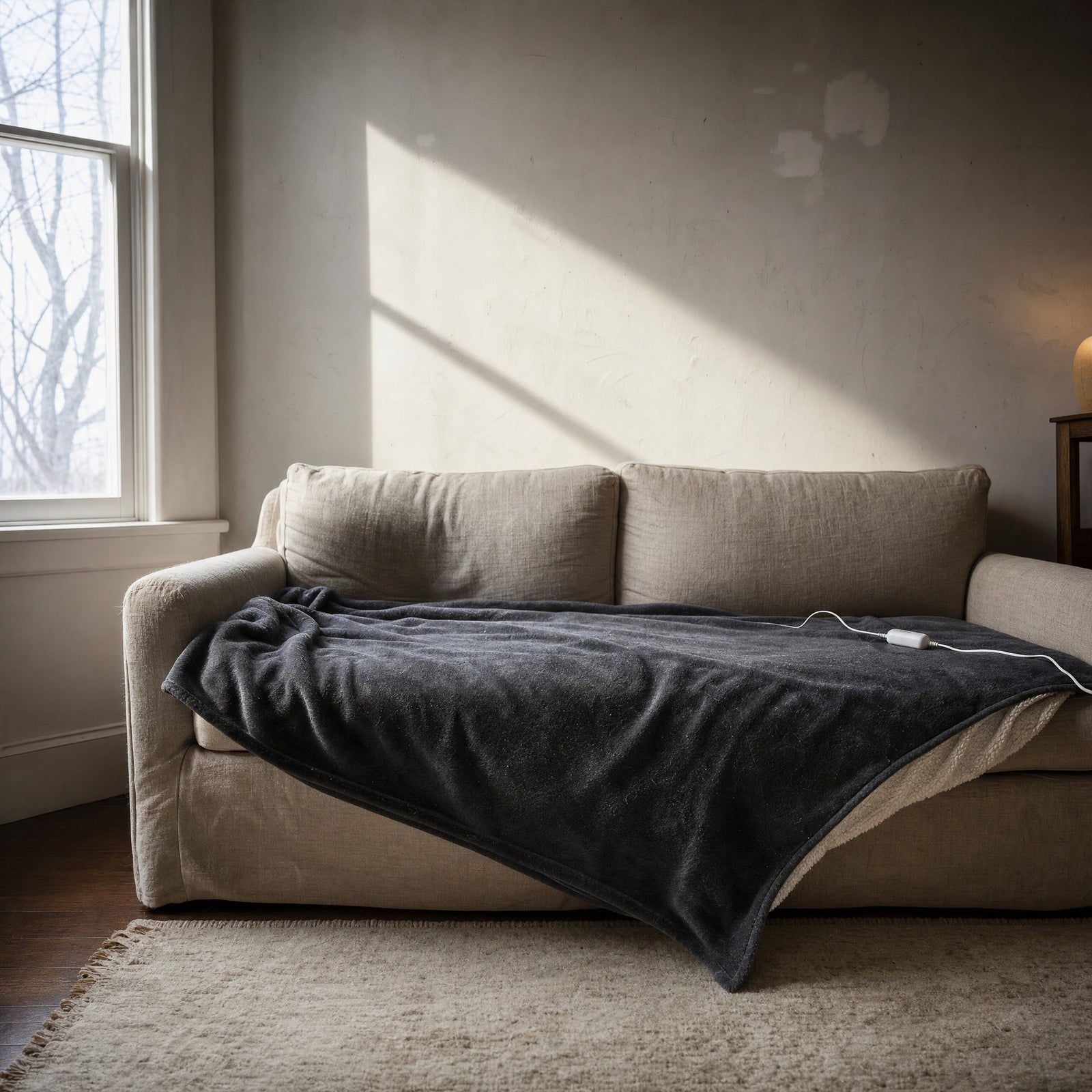 The Hazel heated throw opened out flat across both seat cushions of a two-seat linen sofa and hanging over the front edge, showing its 180 by 130 cm size, the cream sherpa reverse visible at the corner