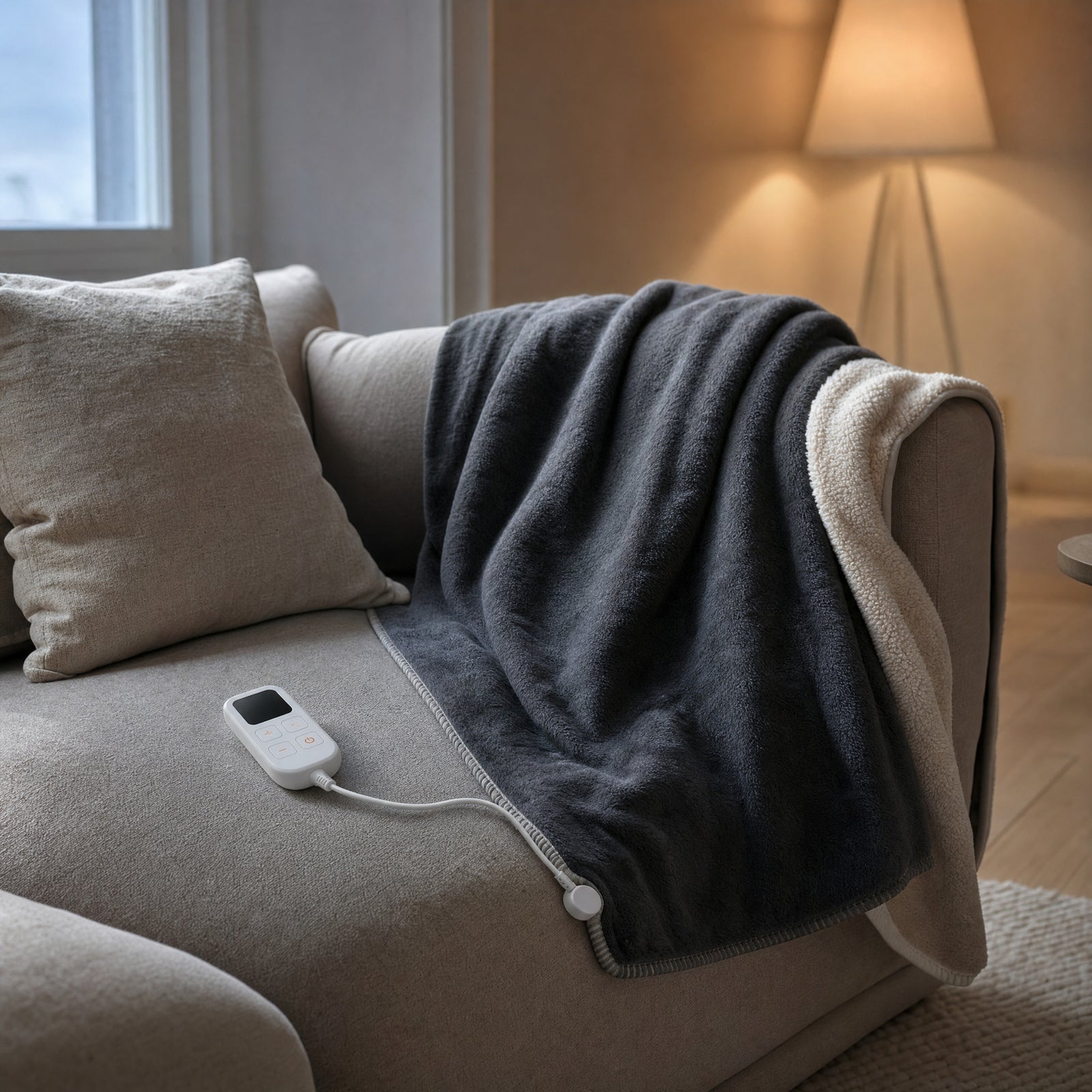 The throw draped over a sofa arm in evening light