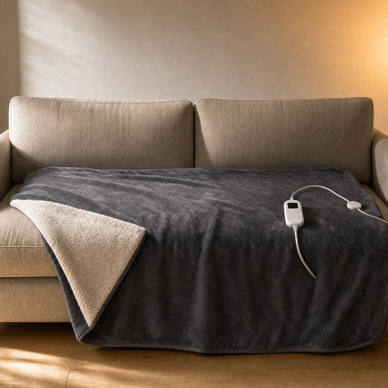 The throw spread across a two-seat sofa, showing its 180 by 130 cm size