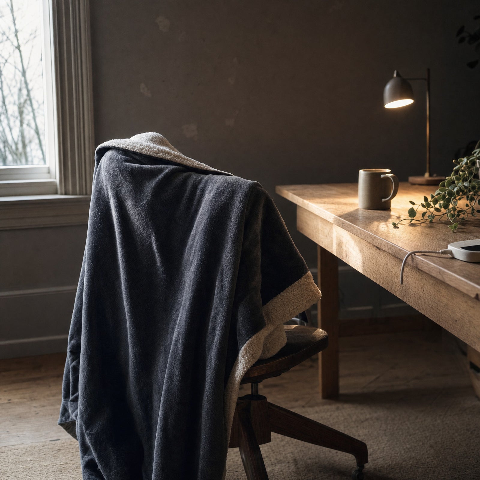 The Oak heated throw hung over the back of an empty desk chair at a home desk at the end of the afternoon, the cream sherpa reverse showing along the edge, a desk lamp lit further along the desk