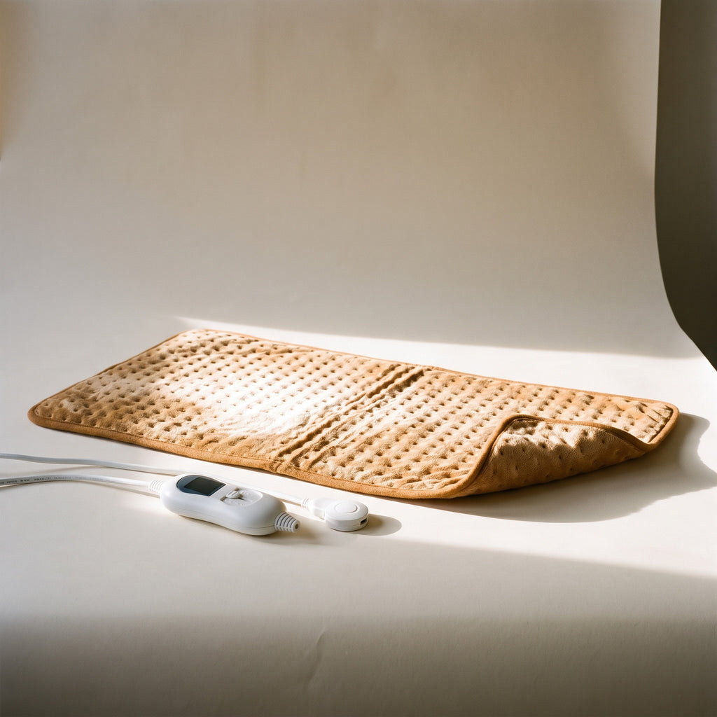 XL Heated Cushion in Camel on the seat of an armchair, low evening light.