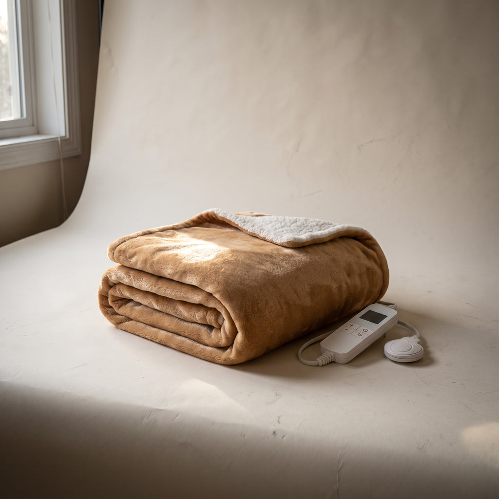 Signature Heated Throw in Camel, spread over the arm of a two-seat sofa in low evening light.