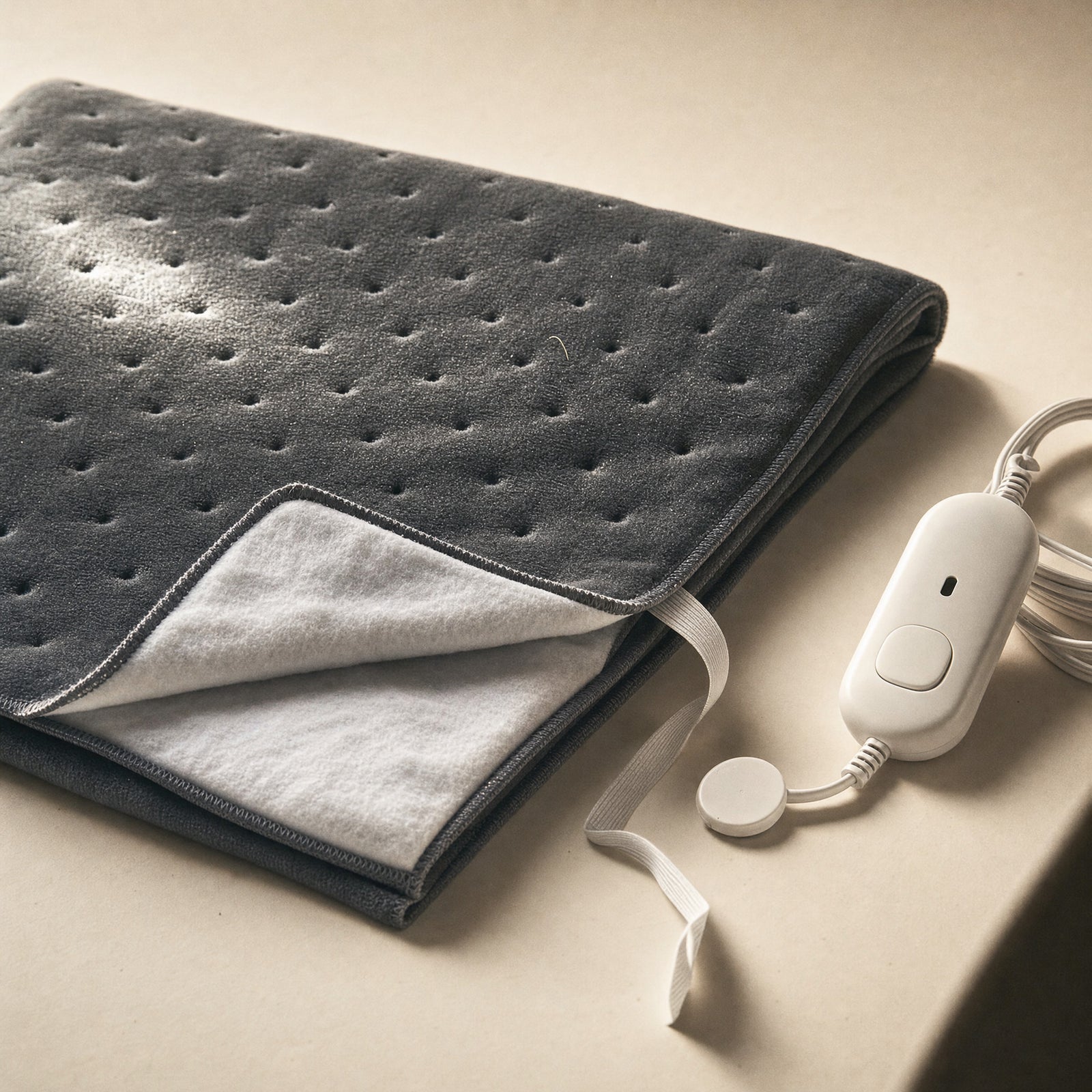 Charcoal Hazel single heated underblanket folded on a warm off-white surface, stamp-welded dimple quilting on the fleece face, one corner turned back to show the white non-woven underside and its white three-setting controller beside it