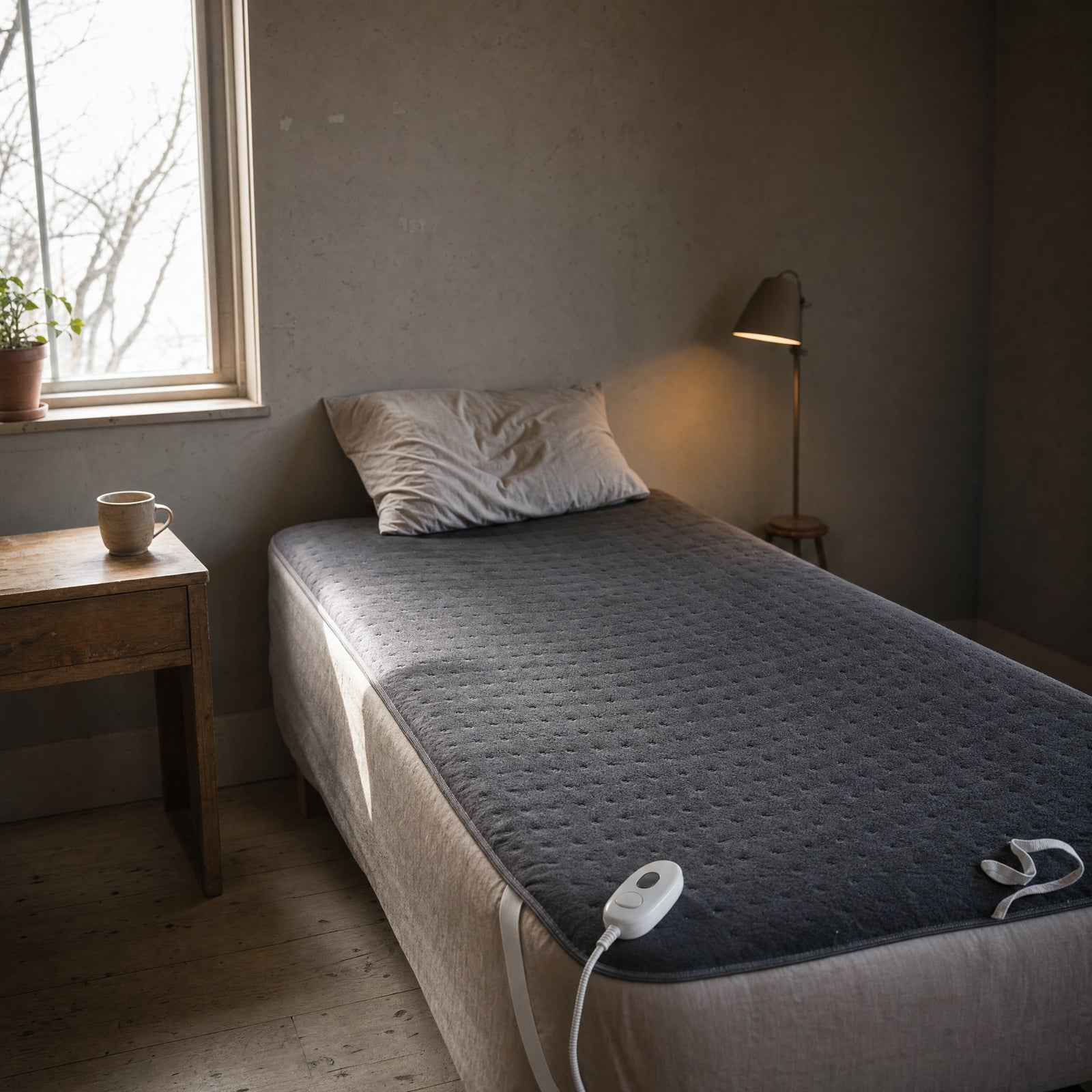 Charcoal Hazel single heated underblanket fitted onto a single mattress at the end of the day, its white elastic strap hooked over the corner and the controller resting at the mattress edge
