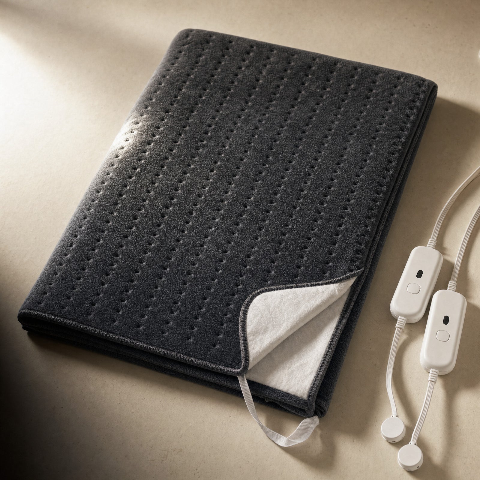 Charcoal Hazel double heated underblanket folded on a warm off-white surface, stamp-welded dimple quilting on the fleece face, one corner turned back to show the white underside and its two white three-setting controllers beside it