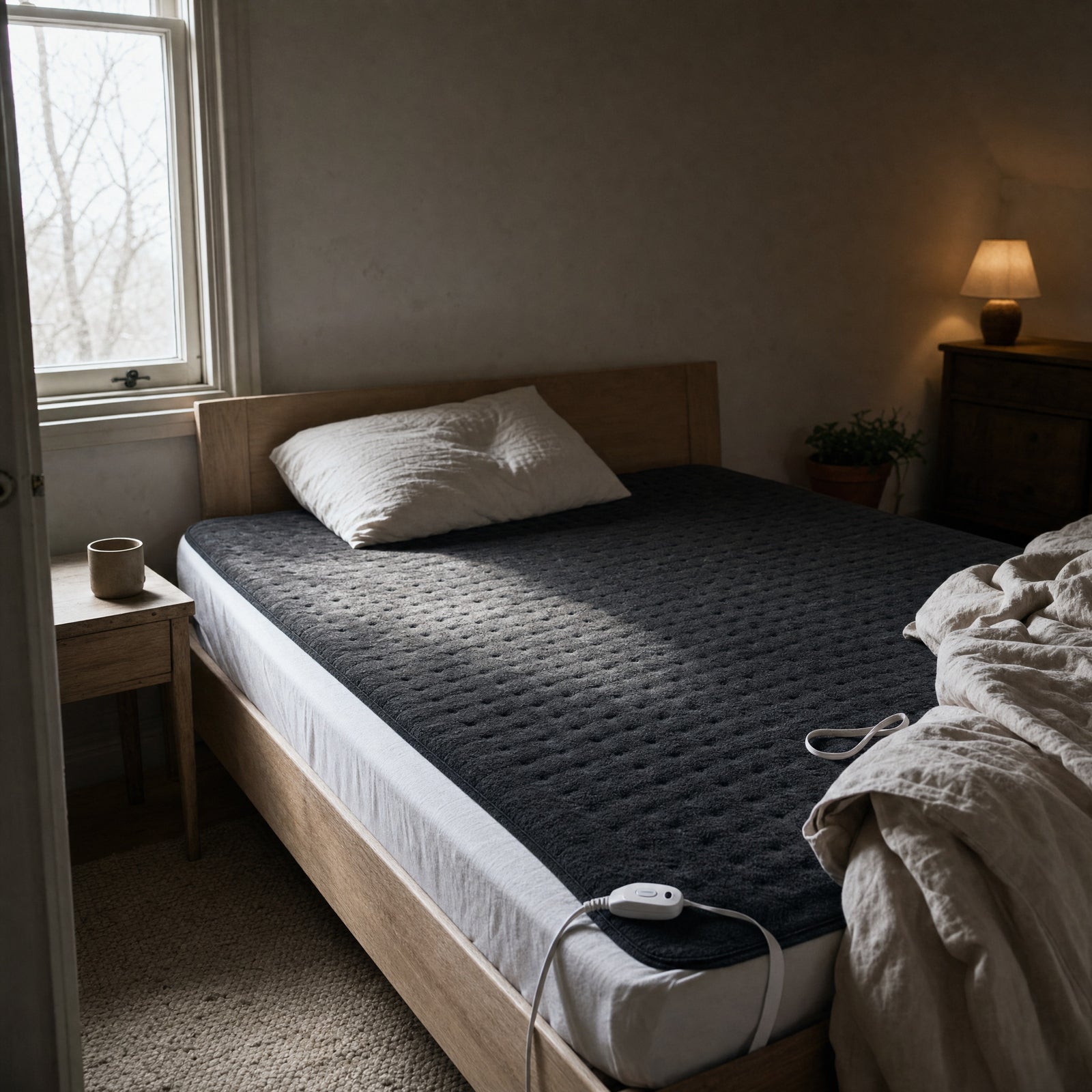 Charcoal Hazel double heated underblanket fitted onto a double bed with the duvet turned back and the controller lying at the foot of the mattress