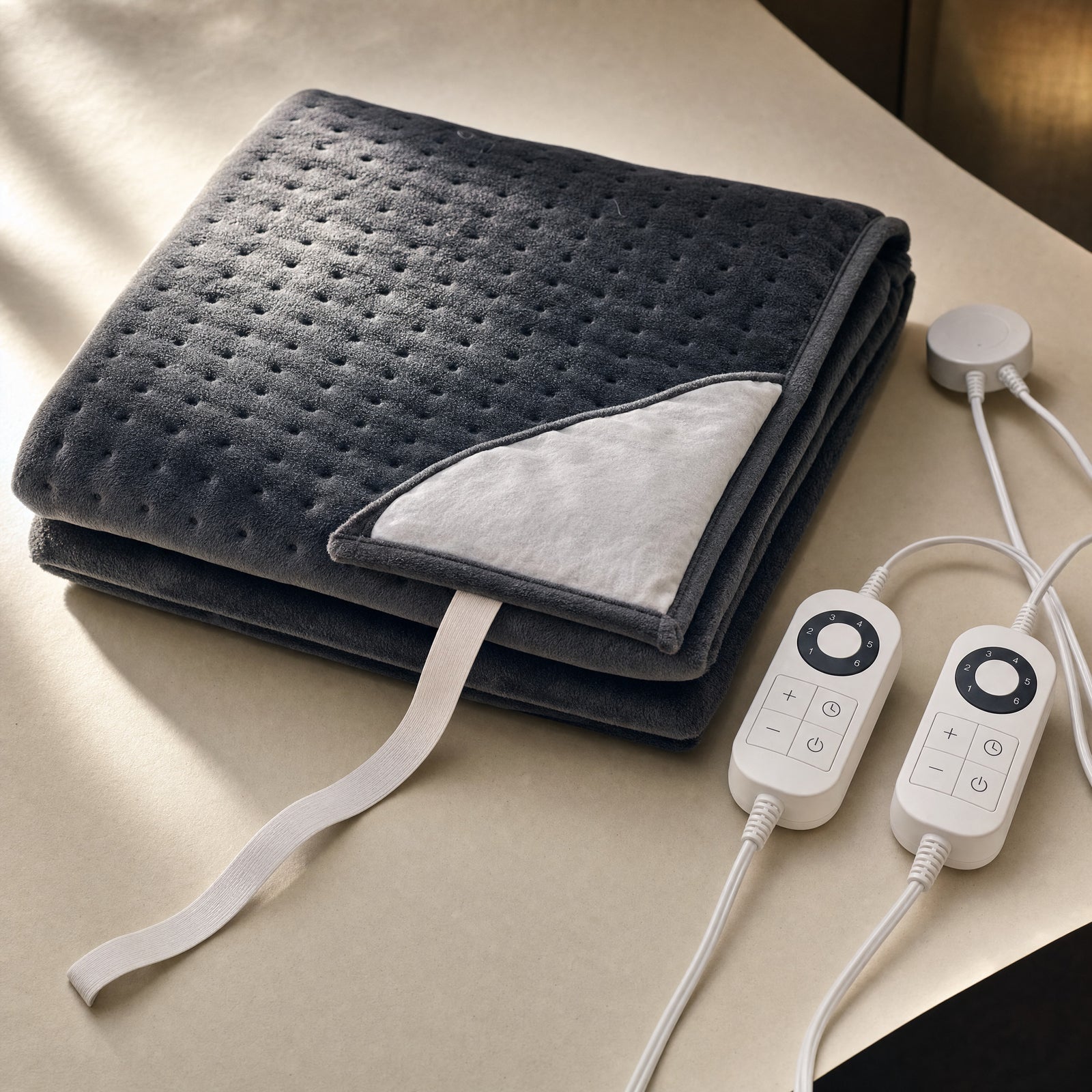 Charcoal Rowan double heated underblanket folded on a warm off-white surface, stamp-welded dimple quilting on the fleece face, one corner turned back to show the white underside, its two white six-setting controllers lying beside it