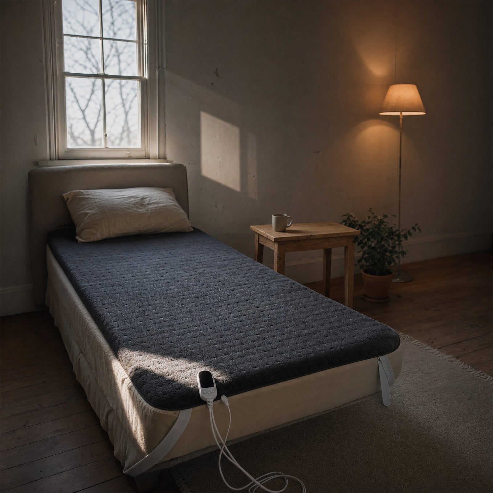 Charcoal Oak single heated underblanket fitted onto a single mattress with its white elastic straps hooked over the corners and the controller resting at the foot of the bed