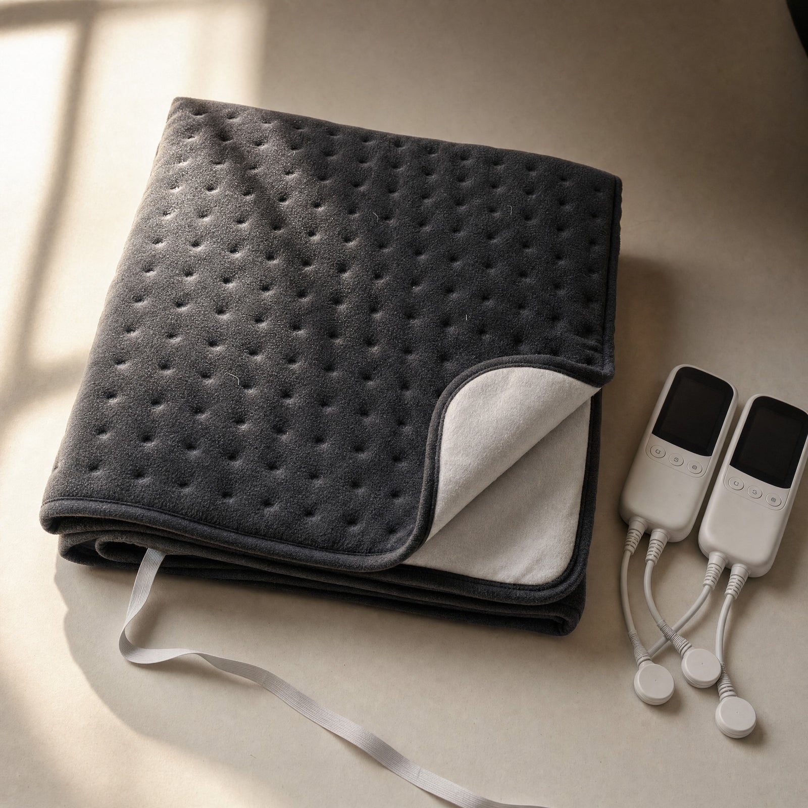 Charcoal Oak double heated underblanket folded on a warm off-white surface, stamp-welded dimple quilting on the fleece face, one corner turned back to show the pale underside and its two white controllers with dark unlit screens beside it