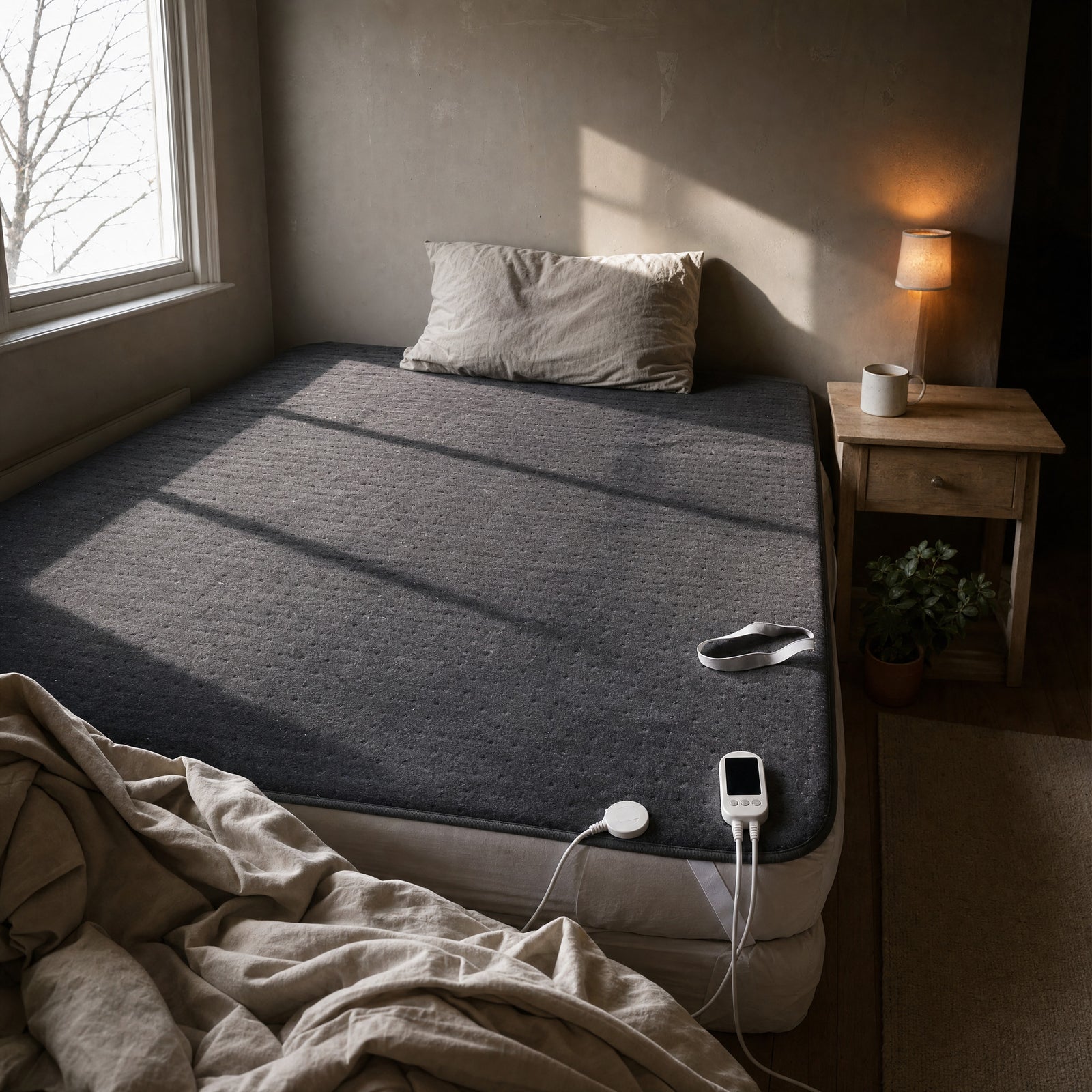 Charcoal Oak double heated underblanket fitted onto a double mattress with the duvet turned back to the foot of the bed and the controller resting at the mattress edge