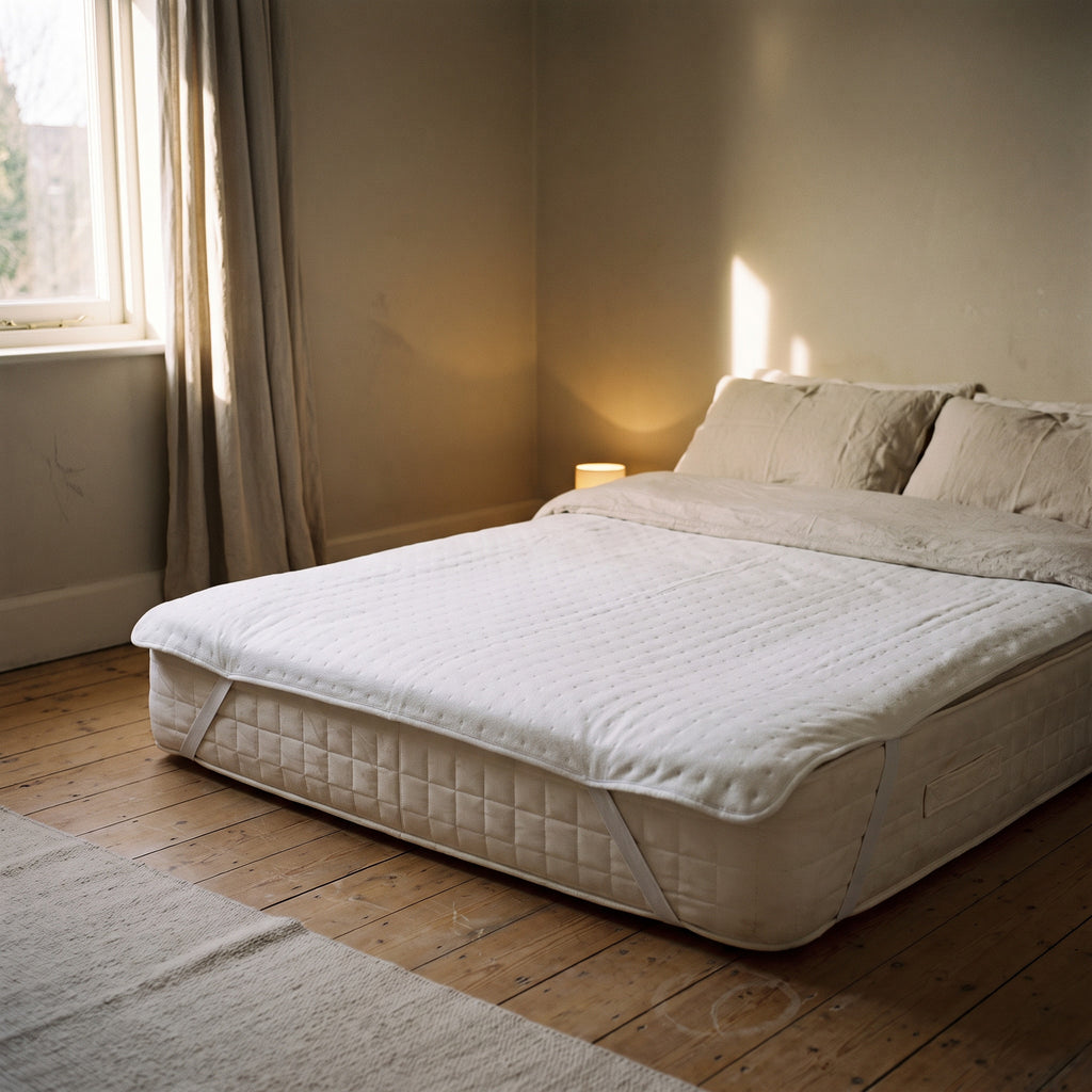 Signature Double Heated Underblanket shown across a double mattress, its 160 by 140 centimetre span against the mattress edges.