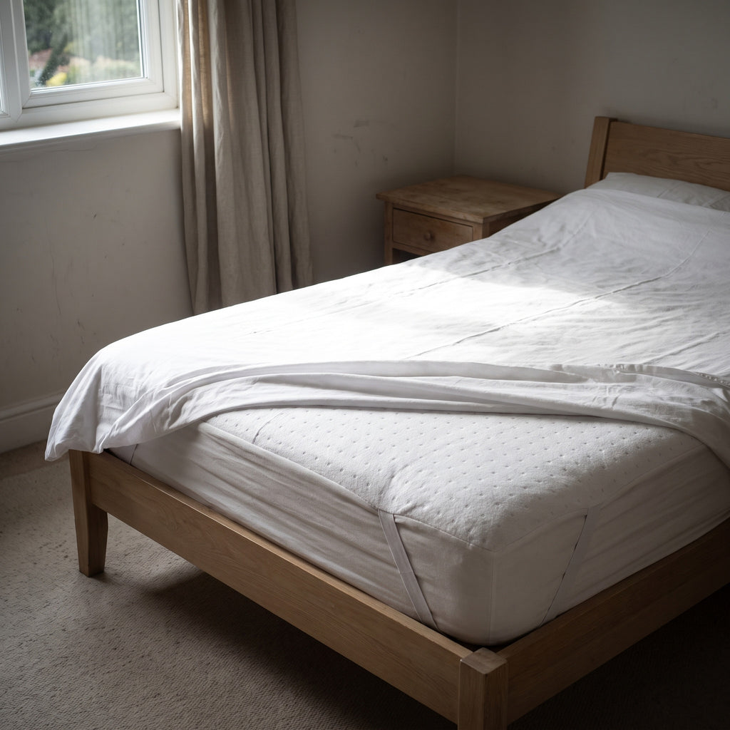 Essential Single Heated Underblanket in place under a white bottom sheet on a single bed, half made.