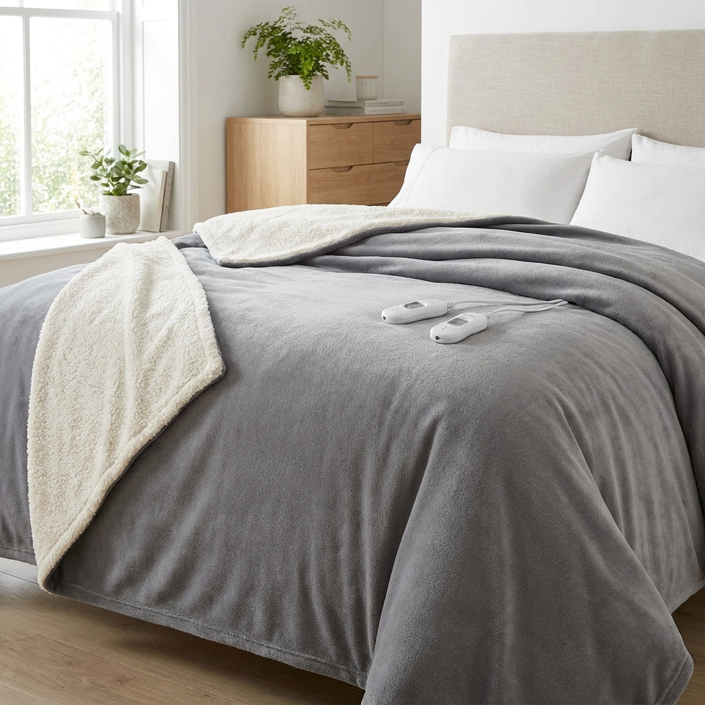 Double grey fleece and sherpa electric heated throw on a bed