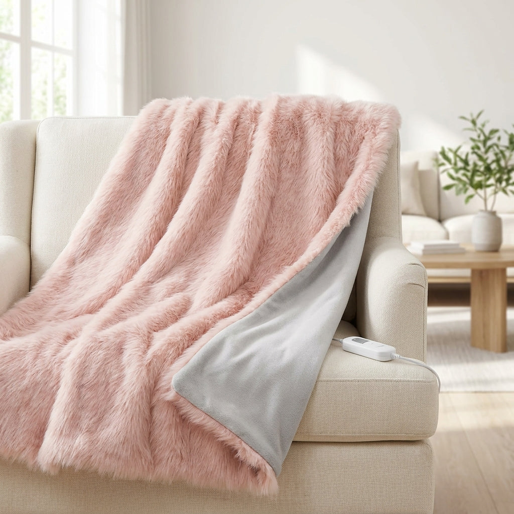 Blush pink luxury faux fur electric heated throw over an armchair