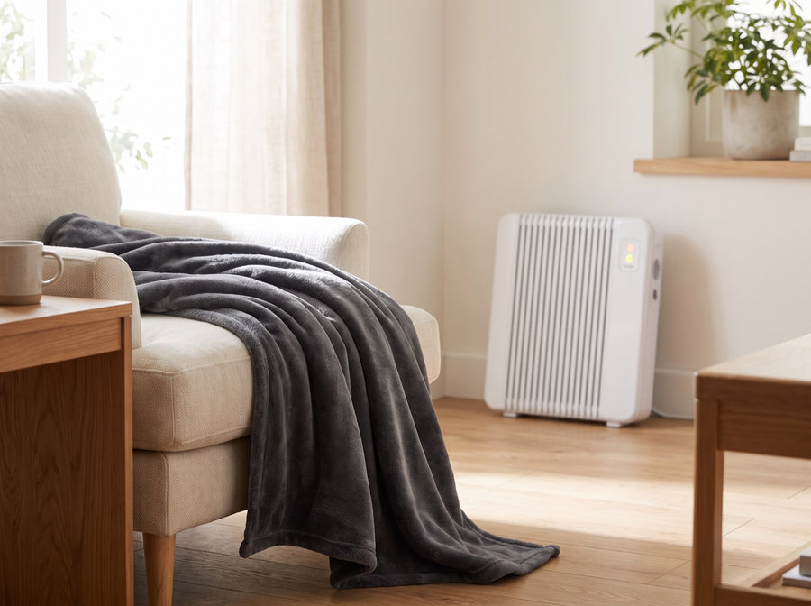 A heated throw on an armchair in a living room, a plug-in radiator against the far wall