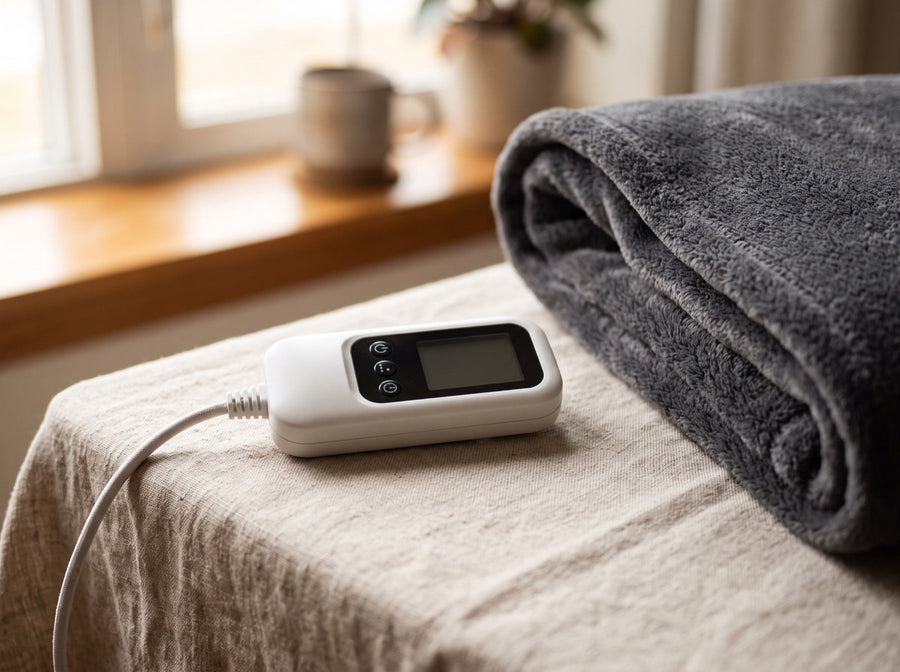 The controller of a heated throw beside the folded throw, in daylight on an armchair