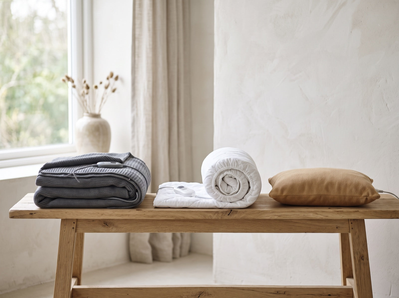 A heated throw, a rolled heated underblanket and a heated cushion side by side on a wooden bench
