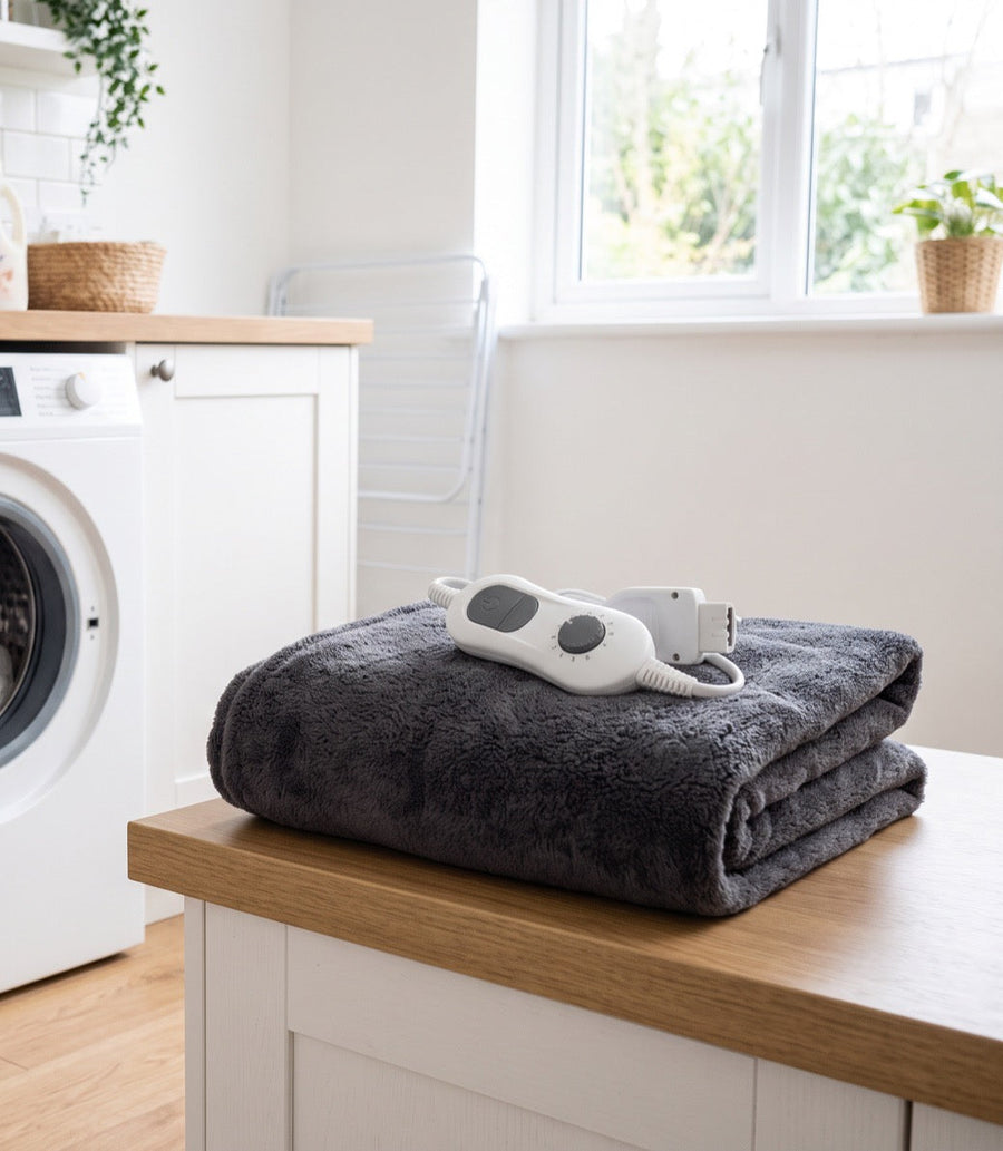 A heated throw folded on a laundry worktop, its controller unclipped and resting on top