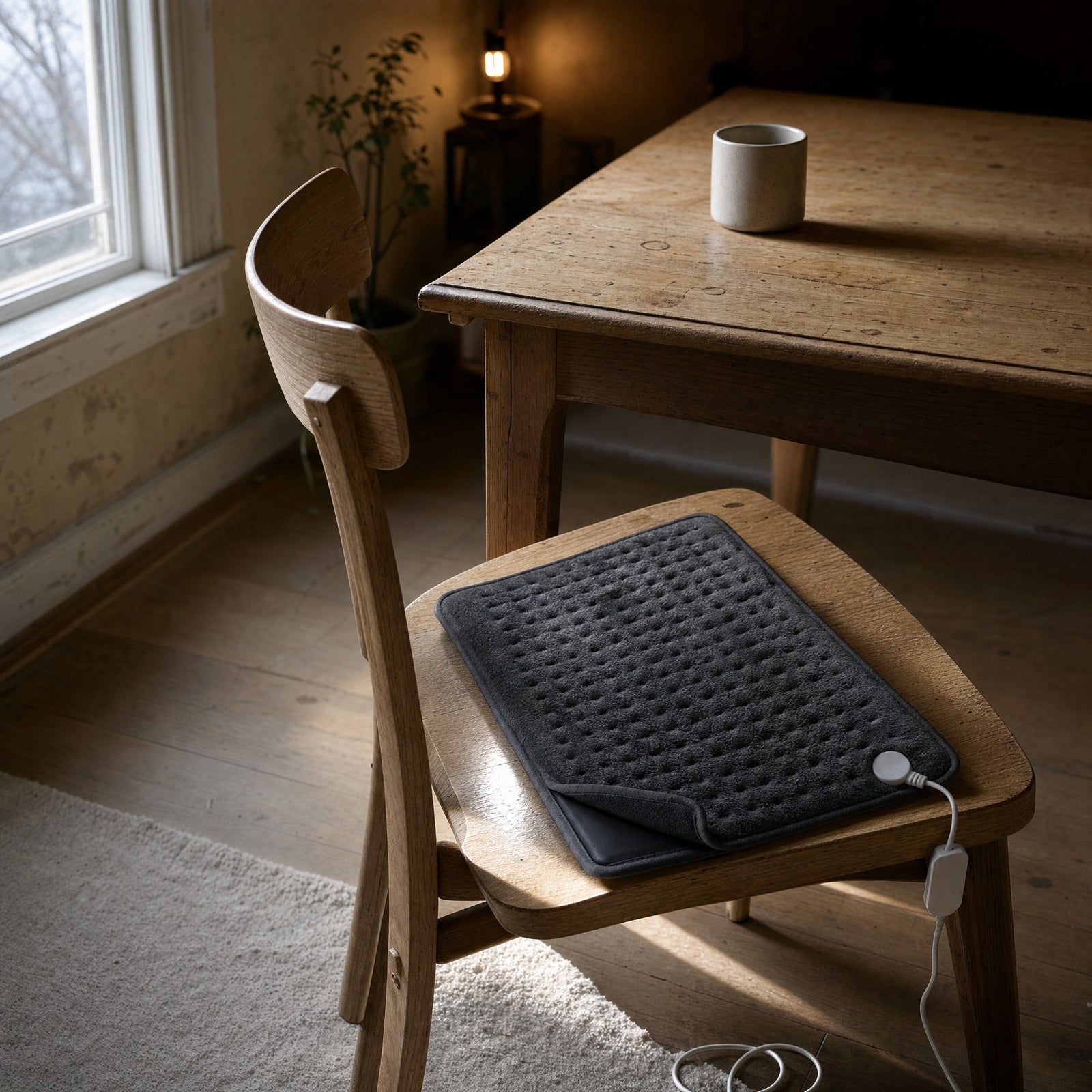 Charcoal Hazel heated cushion left flat on the seat of a pale oak dining chair pushed back from a scratched oak table, late afternoon light from the window