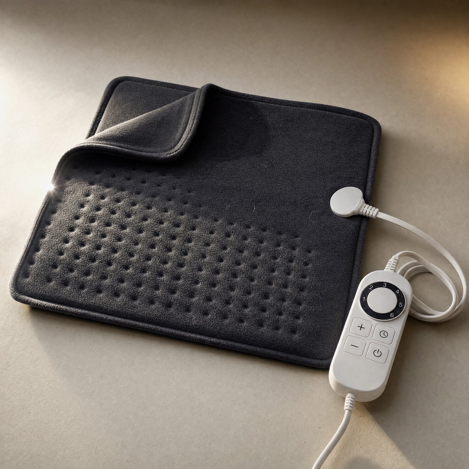 Charcoal Rowan heated cushion lying flat on a warm off-white surface, its removable fleece cover turned back at one corner, stamp-welded dimple quilting on the face and its white six-setting controller beside it