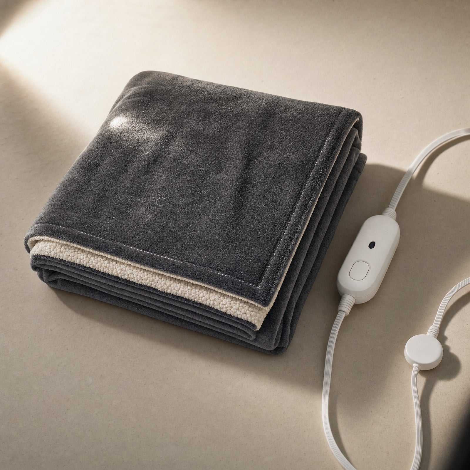 Charcoal Hazel heated throw folded on a warm off-white surface, the cream sherpa reverse showing along the fold, its white three-setting controller with an unlit indicator and the round disc connector lying beside it