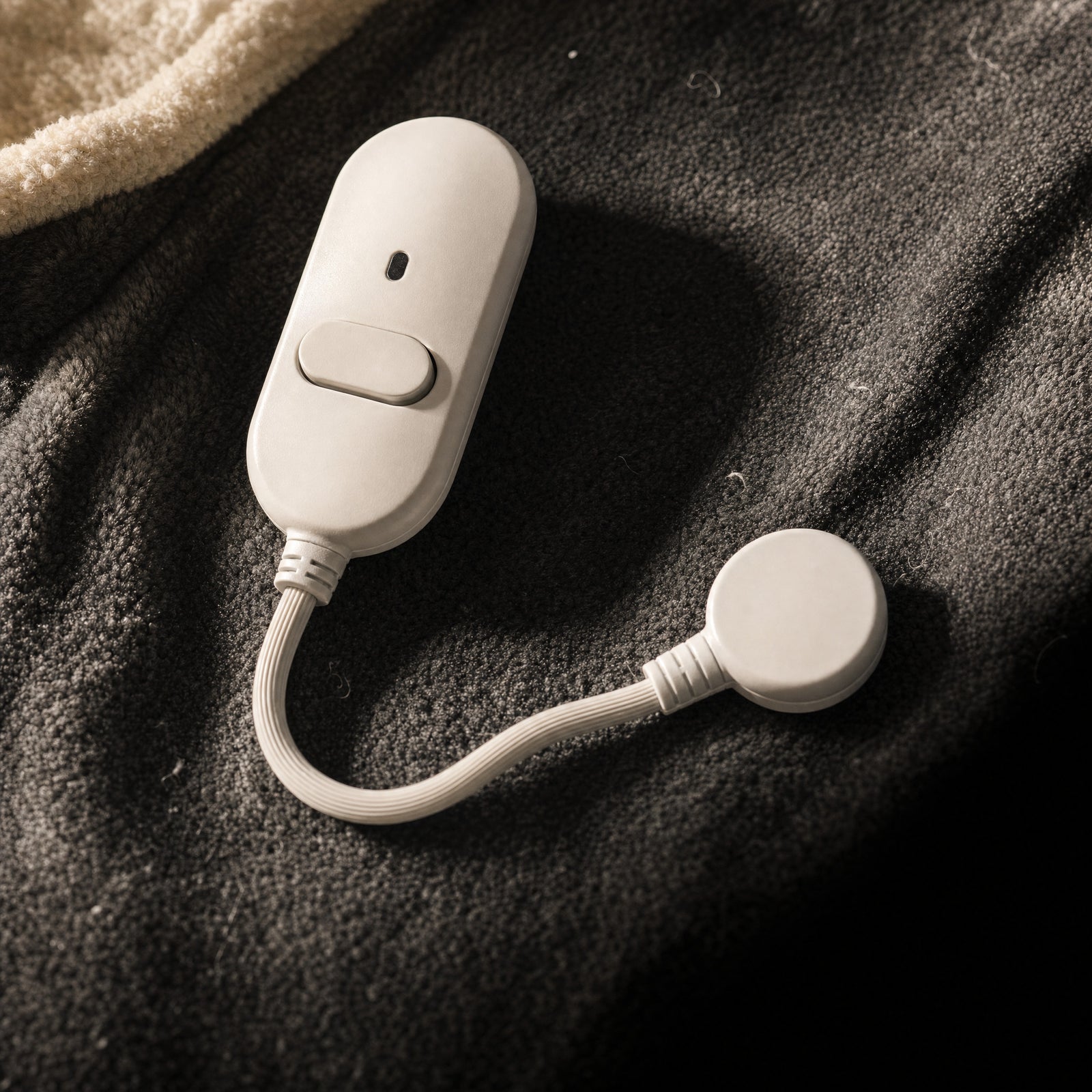 The Hazel controller: a white inline pod with a single flat button and an indicator light.