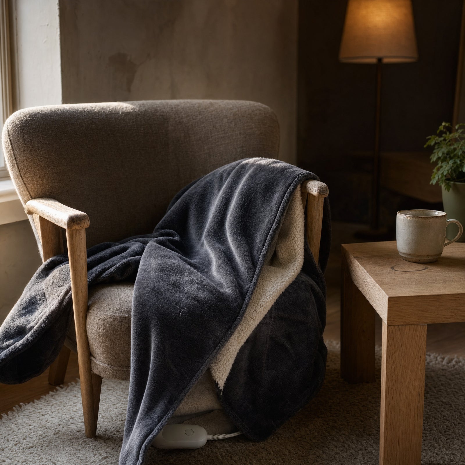The Hazel heated throw folded over the arm and seat of an empty reading armchair at the end of the afternoon, the cream sherpa reverse showing along the edge, a lamp lit deeper in the room