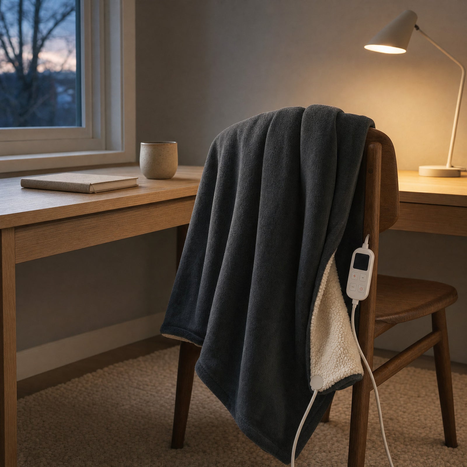 The throw over a desk chair at dusk