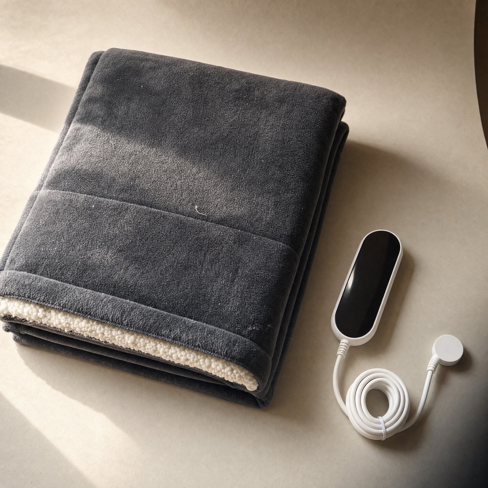 Charcoal Oak heated throw, the 180 by 160 cm size, folded on a warm off-white surface with the cream sherpa reverse showing along the fold and its white touch controller lying beside it in full view, the face a dark glass panel with no keys and no lit display