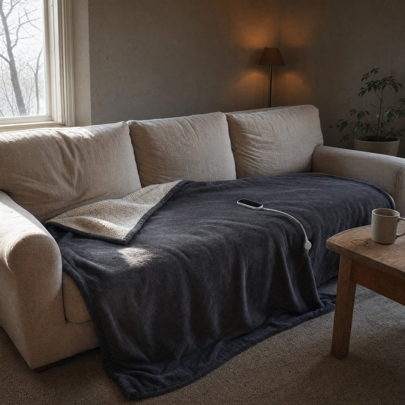 Charcoal Oak heated throw spread across the seat of a three-seater linen sofa and hanging over the front edge onto the rug, one corner turned back showing the cream sherpa reverse