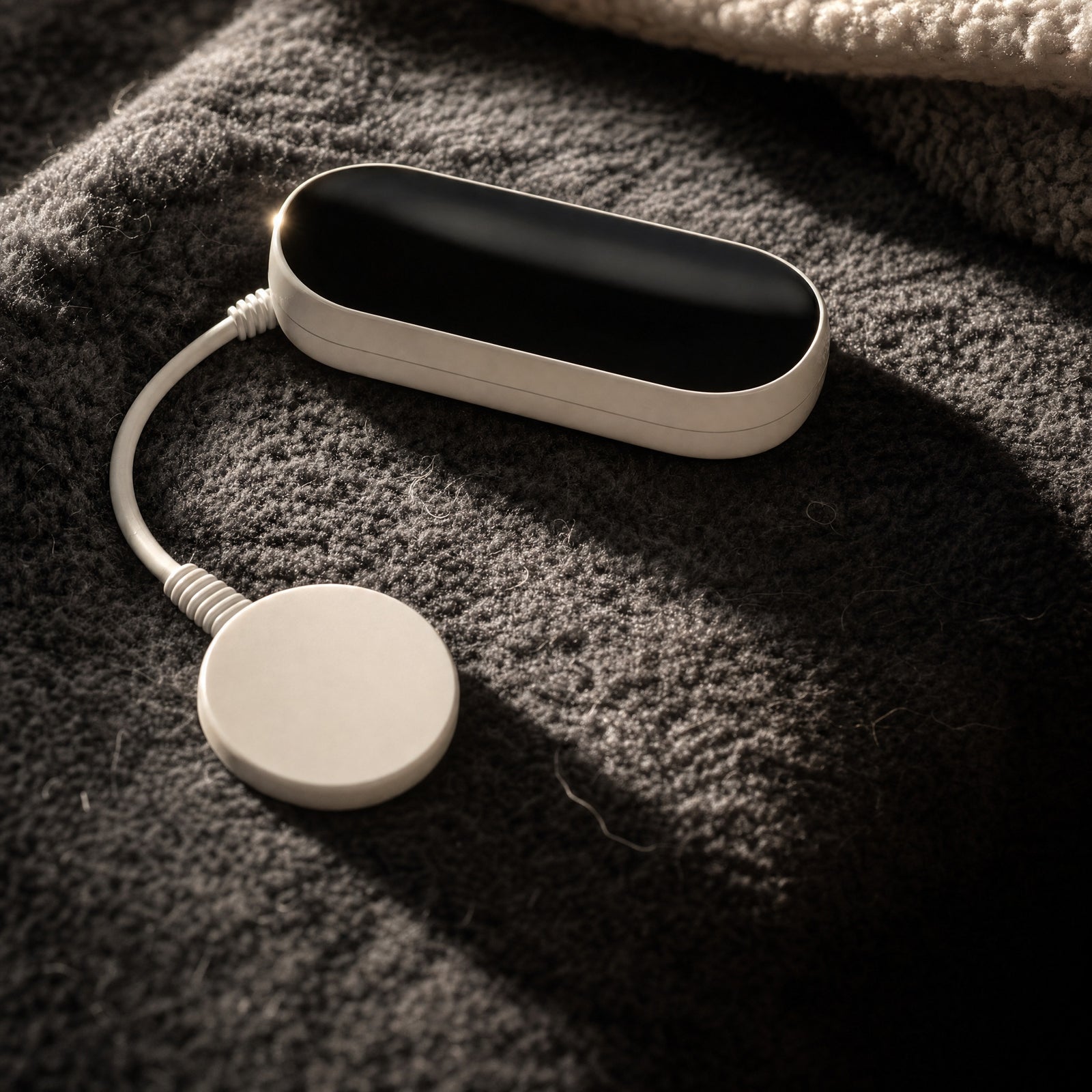 The Oak controller: a white touch panel with no moving keys, at the end of the lead.