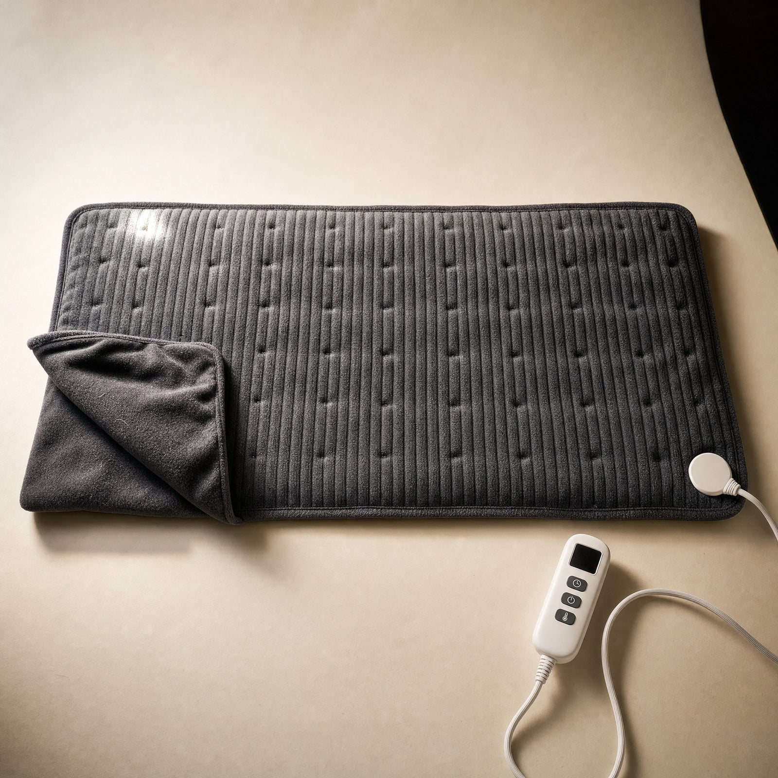 Charcoal Oak heated cushion lying flat on a warm off-white surface with its ribbed stripe flannel face uppermost and one corner turned back to show the plain flannel reverse, its white controller beside it with the screen dark