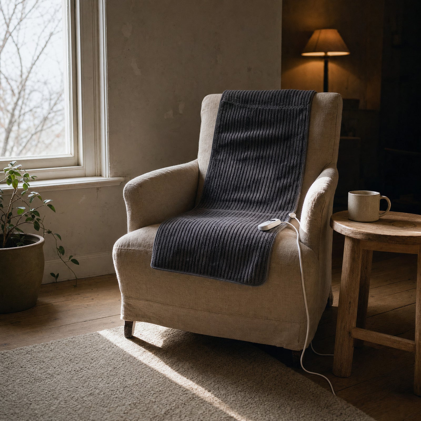 Charcoal Oak heated cushion hung down the inside back of a linen armchair, covering the whole chair back from the top rail onto the seat, late afternoon window light from the left