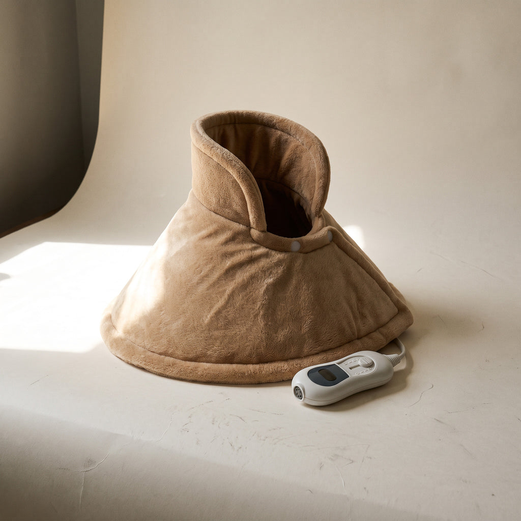 Neck and Shoulder Heated Cushion in Camel draped over the back of an armchair, low evening light.