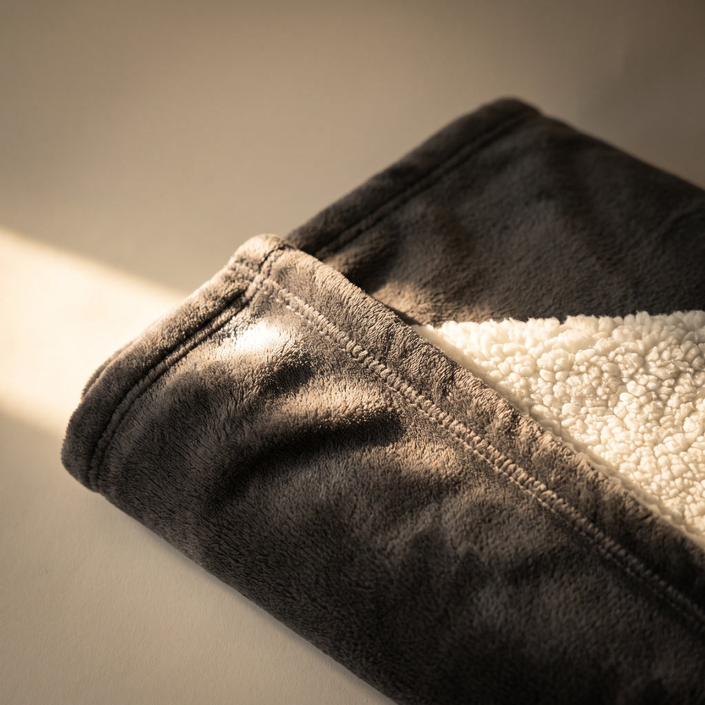 Close view of the sherpa side of the Signature Double Heated Throw in Charcoal.