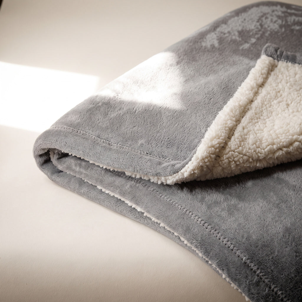 Close view of the folded edge of the Essential Heated Throw in Grey, fleece on one face and sherpa on the other.