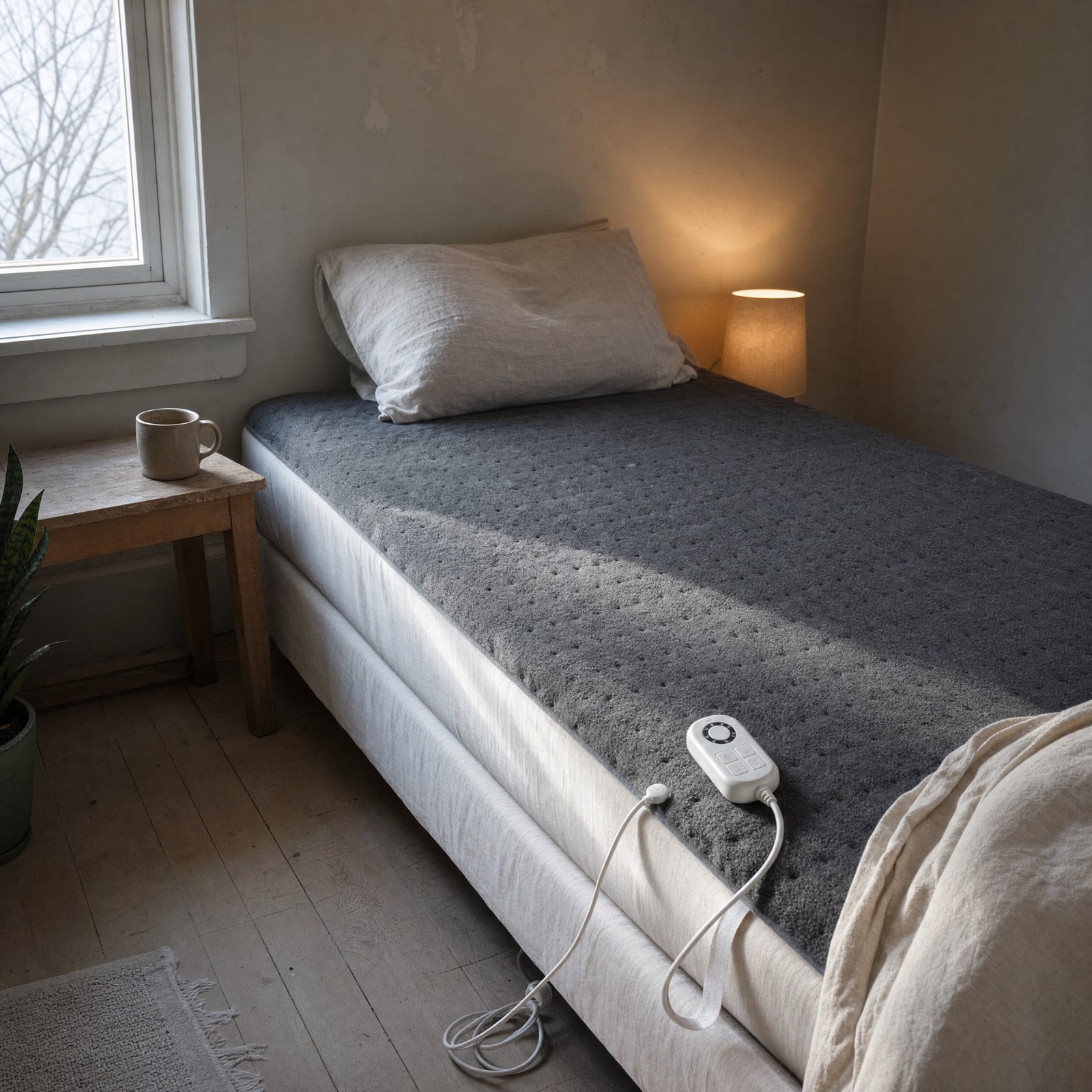 Charcoal Rowan single heated underblanket fitted onto a single mattress with the duvet turned back and the controller resting at the foot of the bed