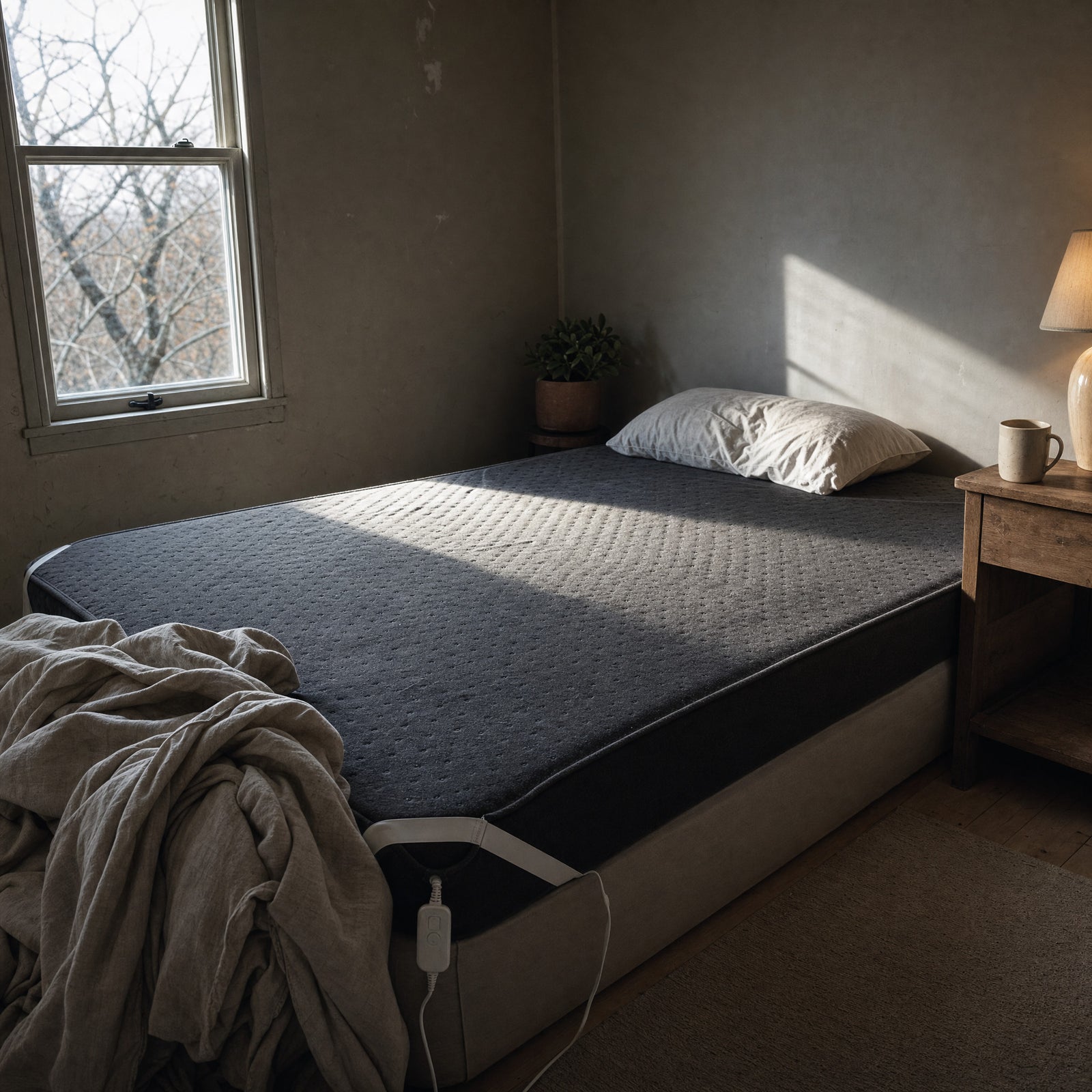 Charcoal Rowan double heated underblanket fitted onto a double mattress with the duvet turned back to the foot of the bed, its white elastic straps hooked over the corners and the controller lying on its side at the mattress edge