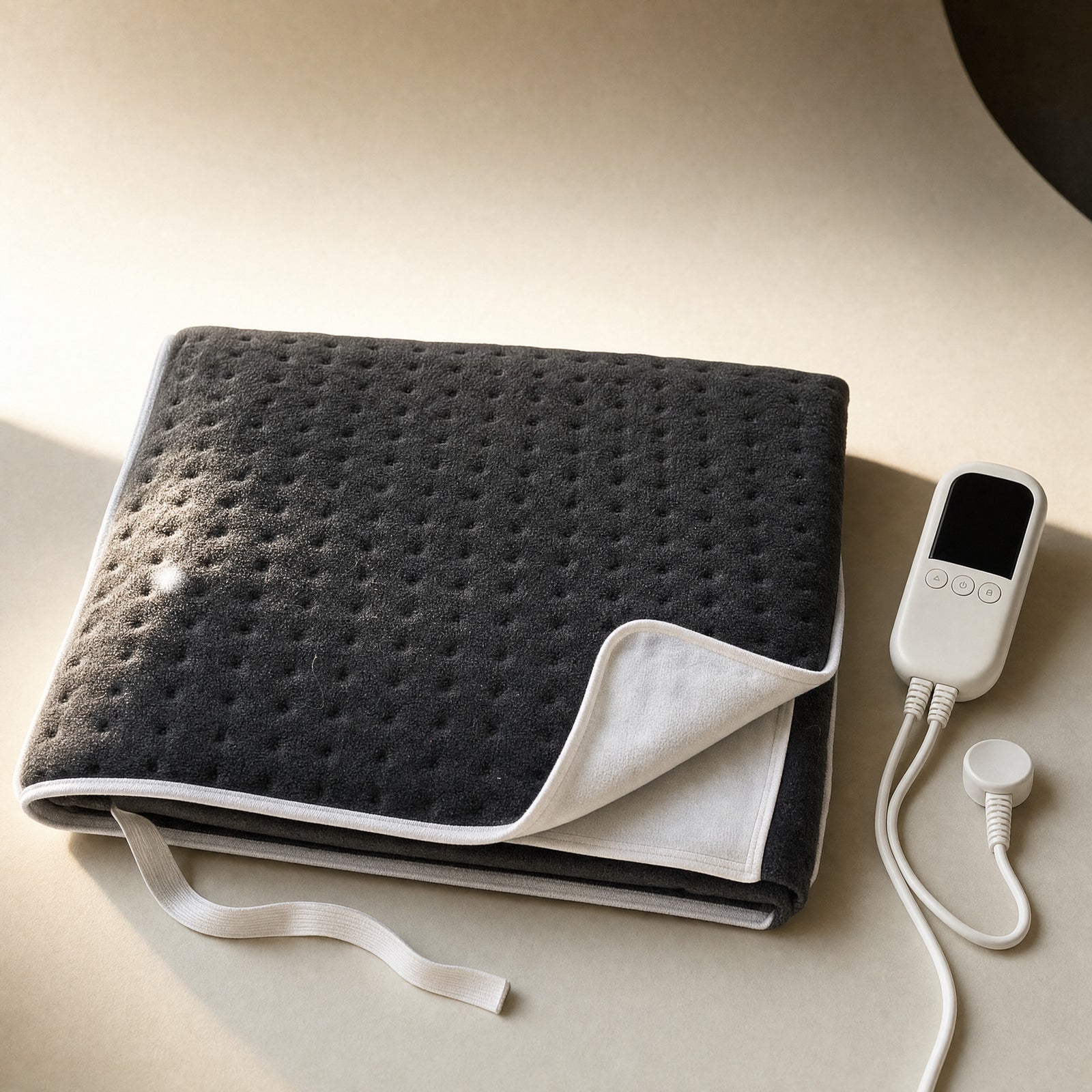 Charcoal Oak single heated underblanket folded on a warm off-white surface, stamp-welded dimple quilting on the fleece face, one corner turned back to show the pale underside and its white controller with a dark unlit screen beside it
