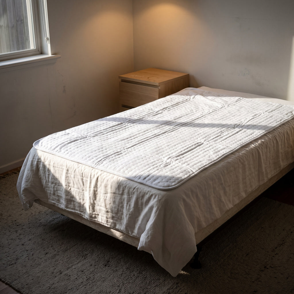Signature Single Heated Underblanket shown across a single mattress, its 150 by 80 centimetre span against the mattress edge.