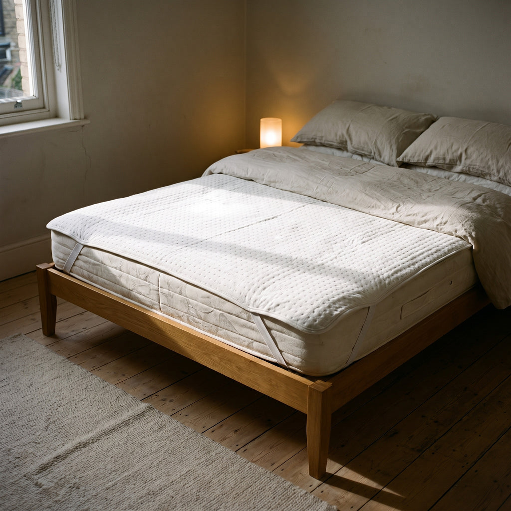 Essential Double Heated Underblanket shown across a double mattress, its 160 by 140 centimetre span against the mattress edges.