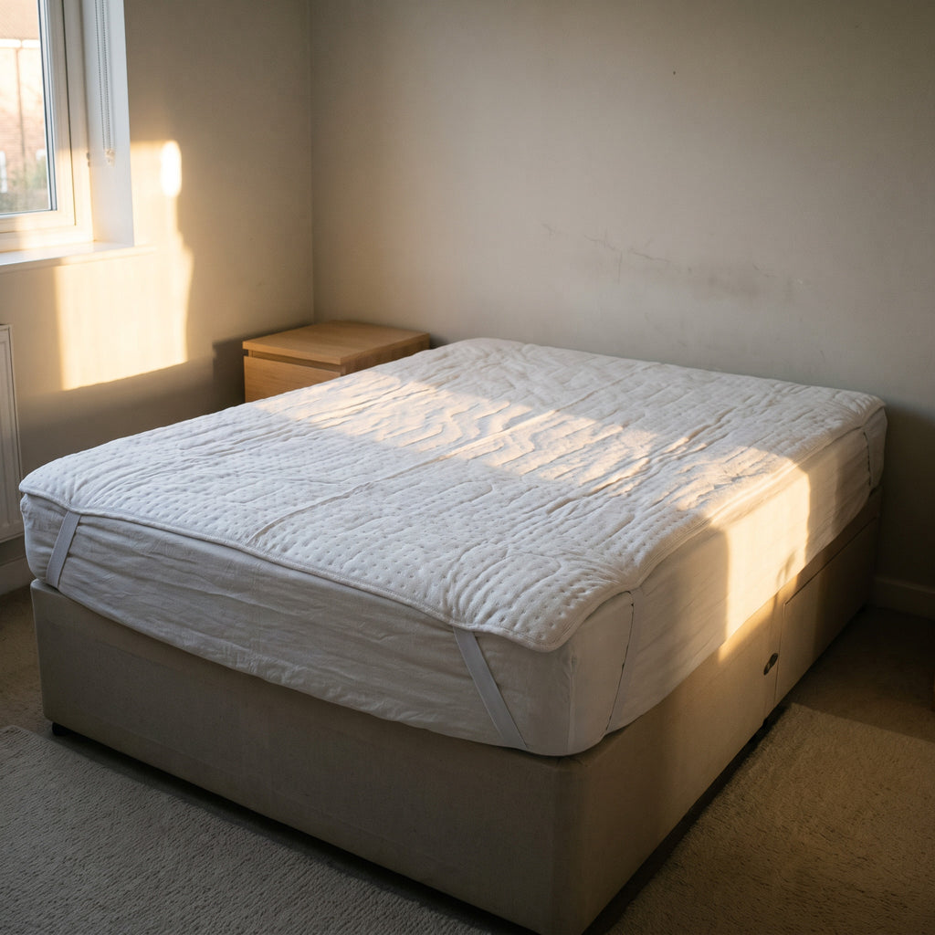 Summit Four-Zone Heated Underblanket in place under a white bottom sheet on a double bed, half made, low evening light.