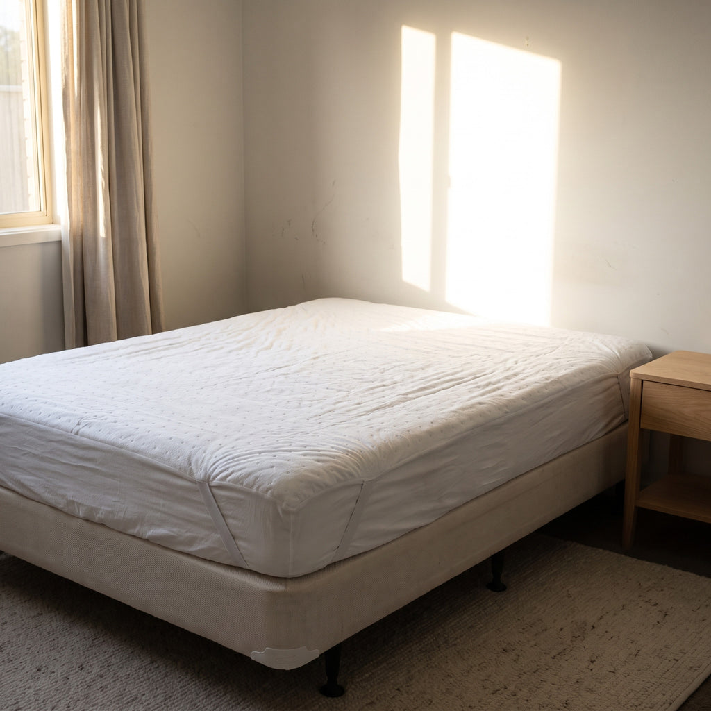 Summit Two-Zone Heated Underblanket in place under a white bottom sheet on a single bed, half made.