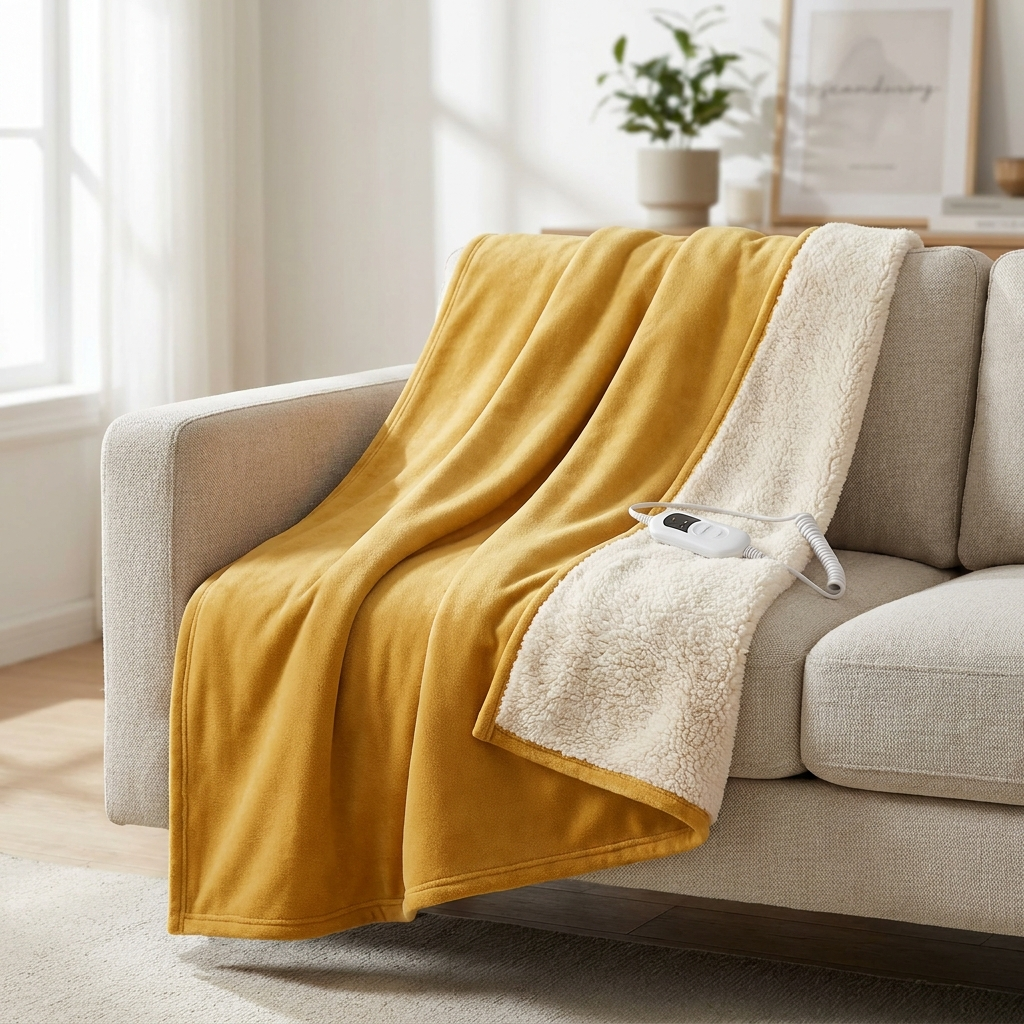 Mustard fleece and sherpa electric heated throw draped over a sofa