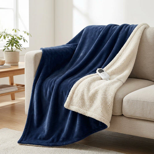 Navy fleece and sherpa electric heated throw draped over a sofa