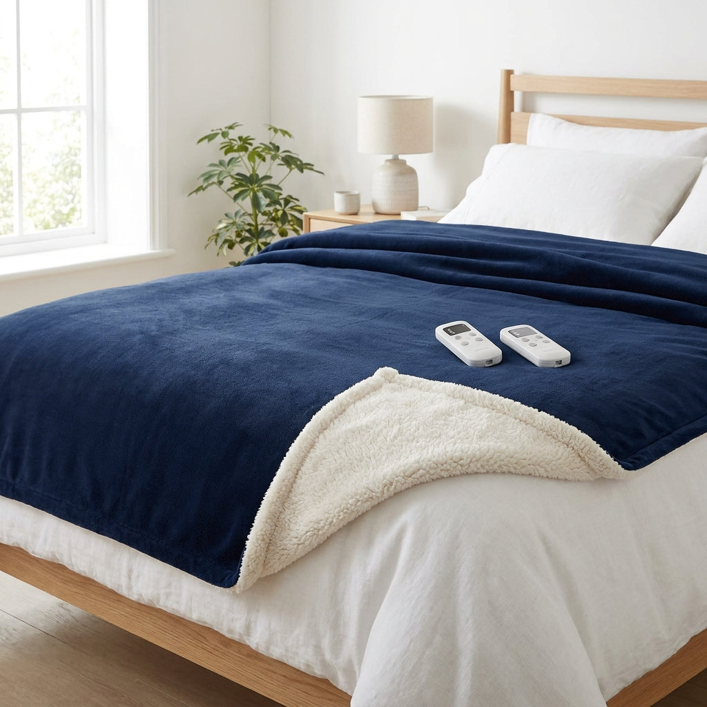 Double navy fleece and sherpa electric heated throw on a bed