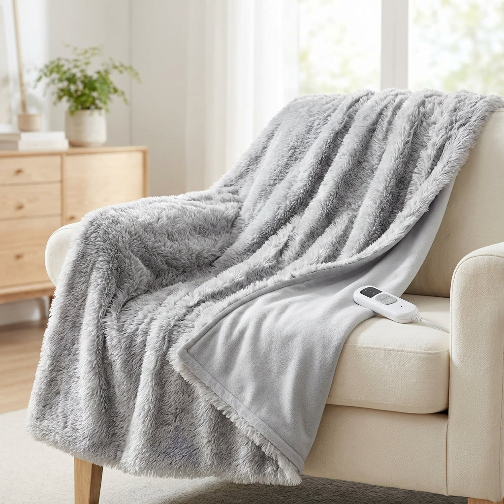 Silver grey luxury faux fur electric heated throw over an armchair